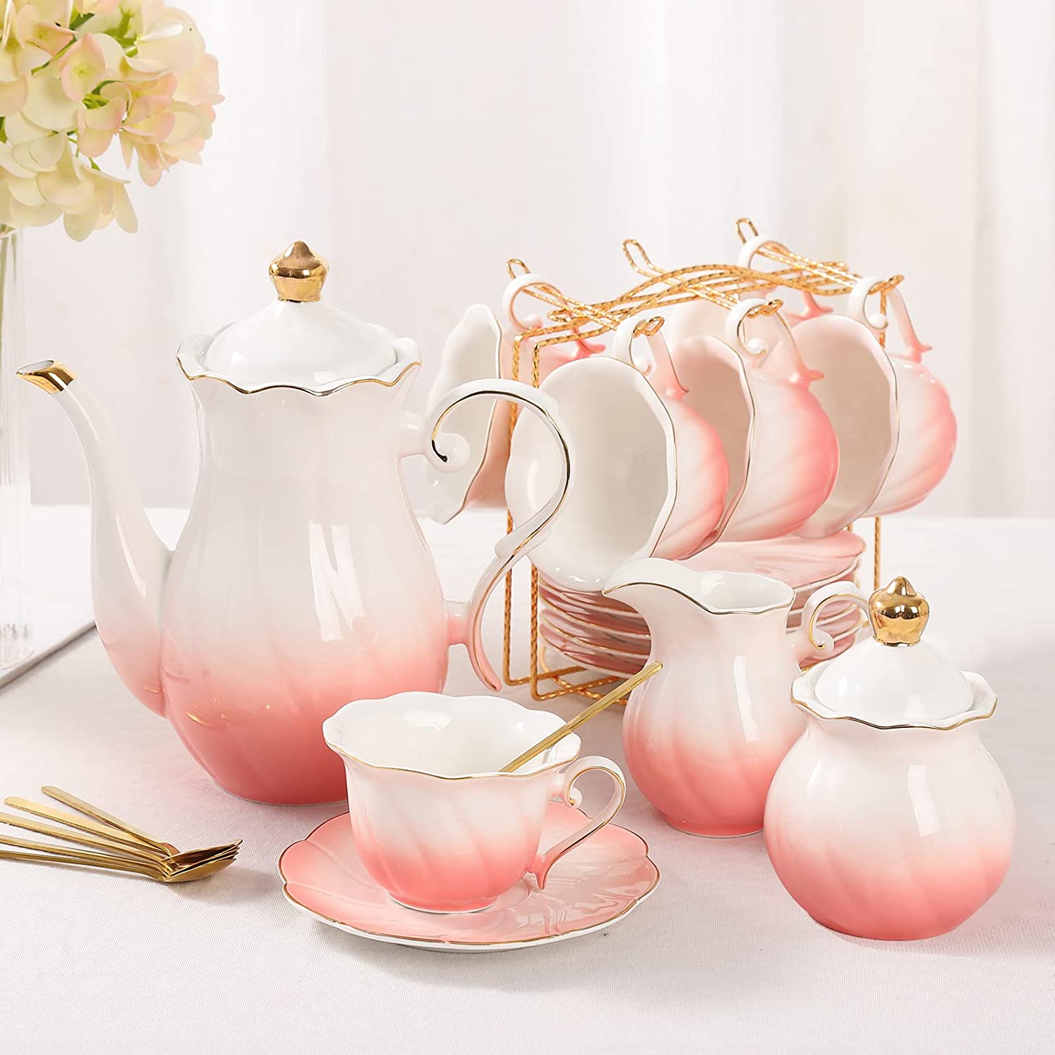 DUJUST 22 pcs Porcelain Tea Set - Gradient Pink