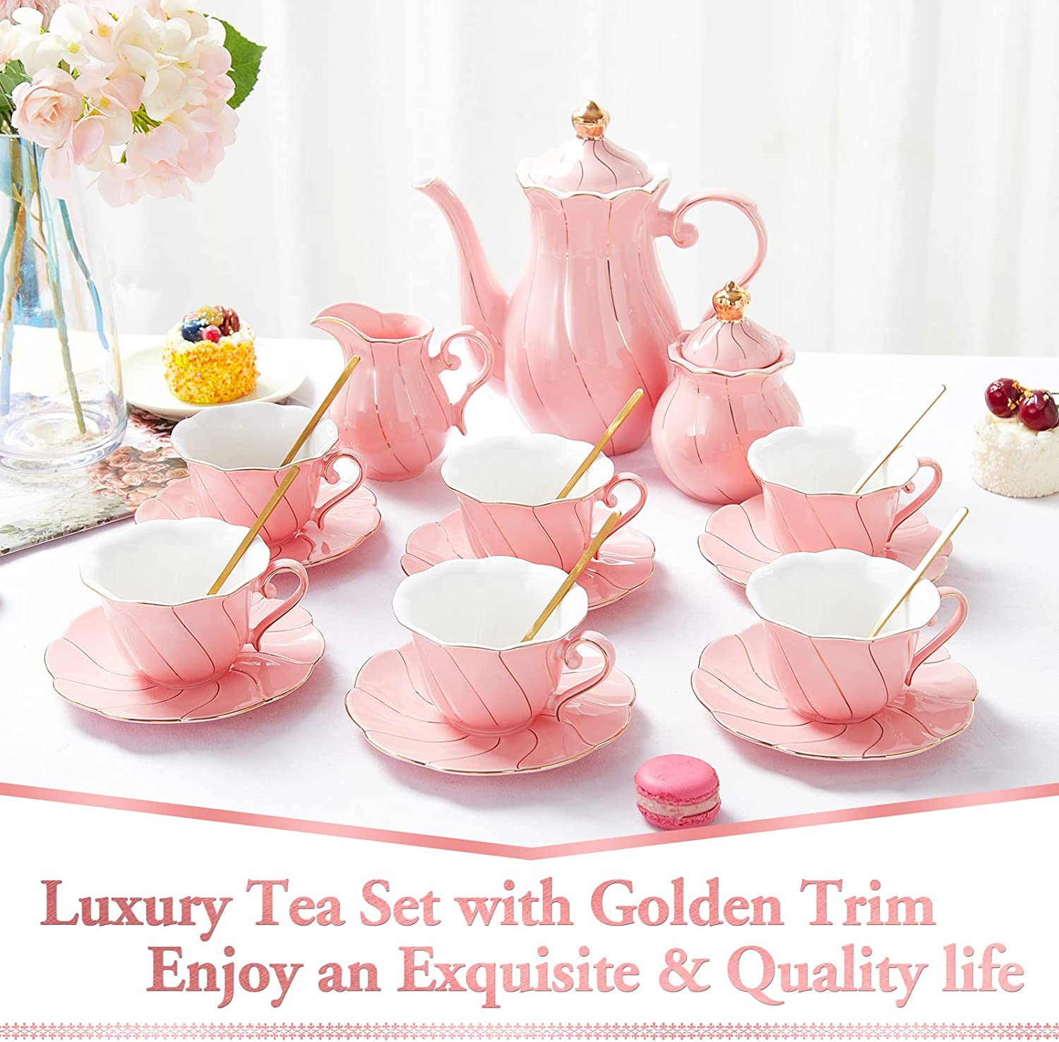 DUJUST 22 pcs Porcelain Tea Set- Pink