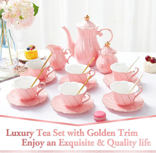 DUJUST 22 pcs Porcelain Tea Set- Pink