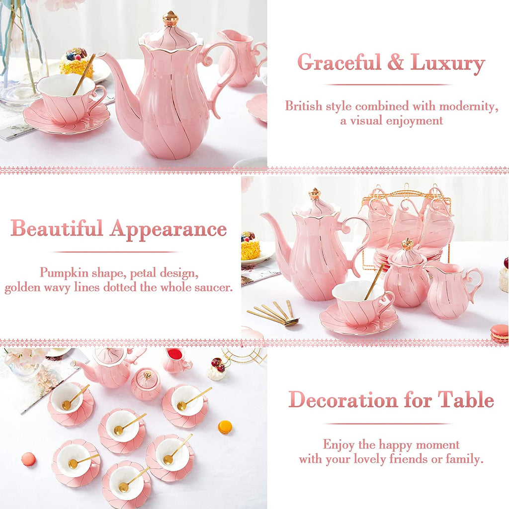 DUJUST 22 pcs Porcelain Tea Set- Pink