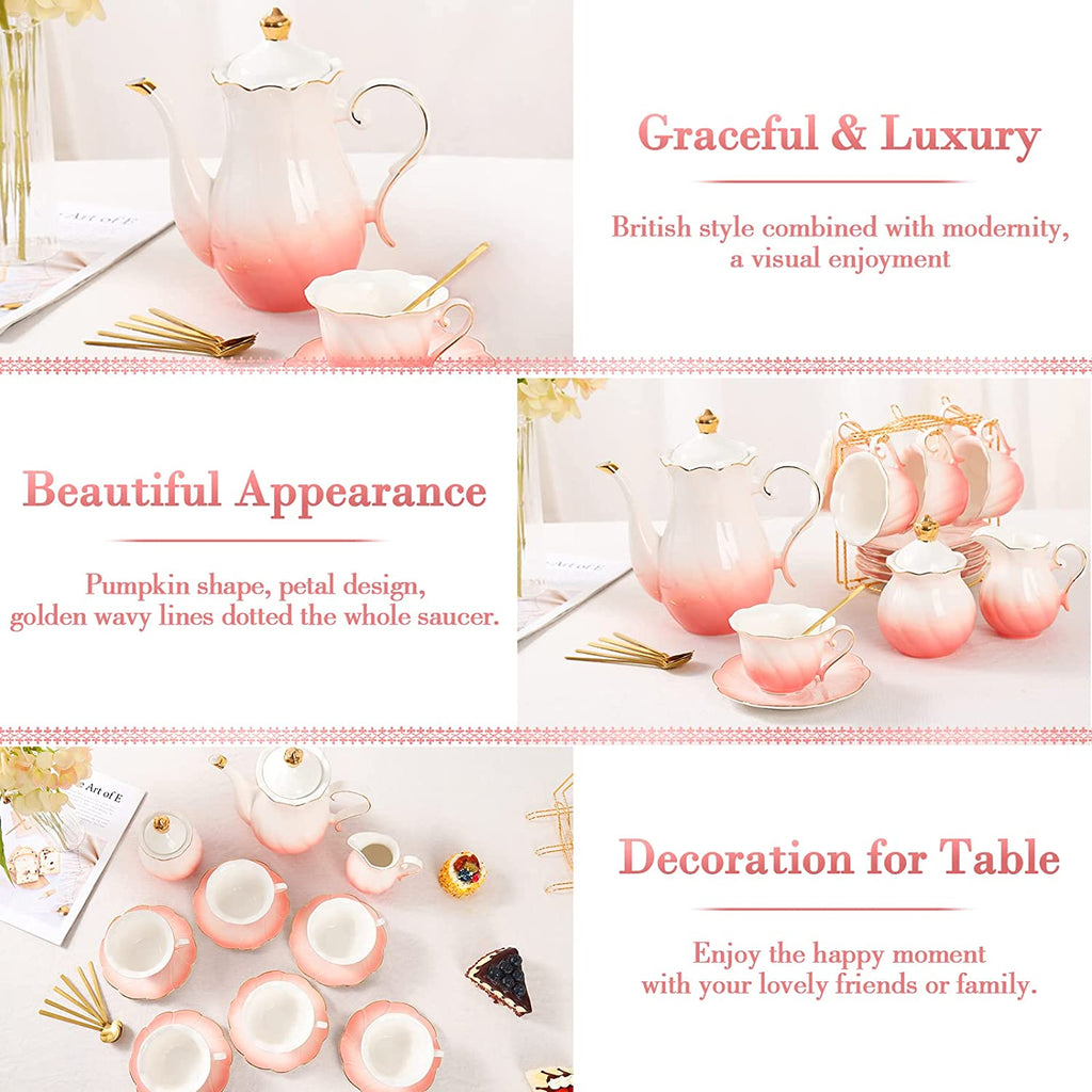 DUJUST 22 pcs Porcelain Tea Set - Gradient Pink