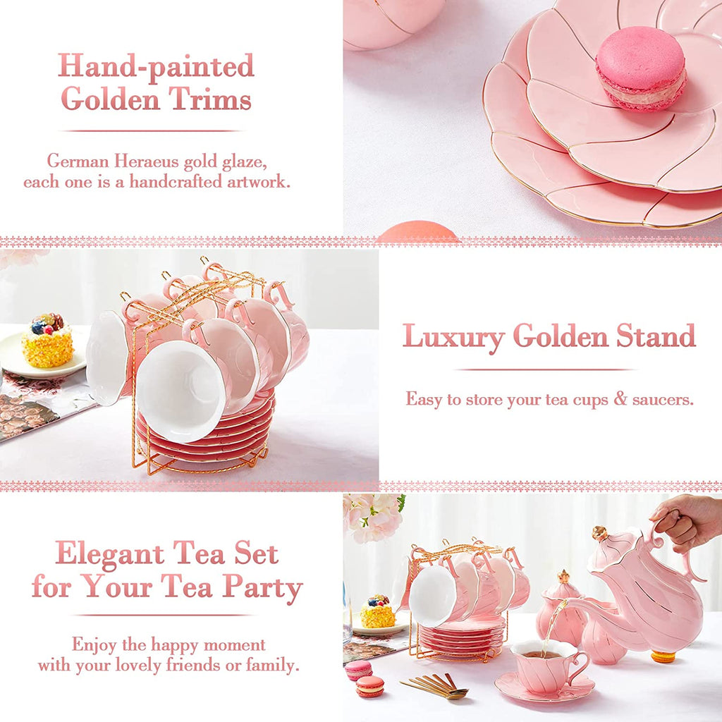 DUJUST 22 pcs Porcelain Tea Set- Pink