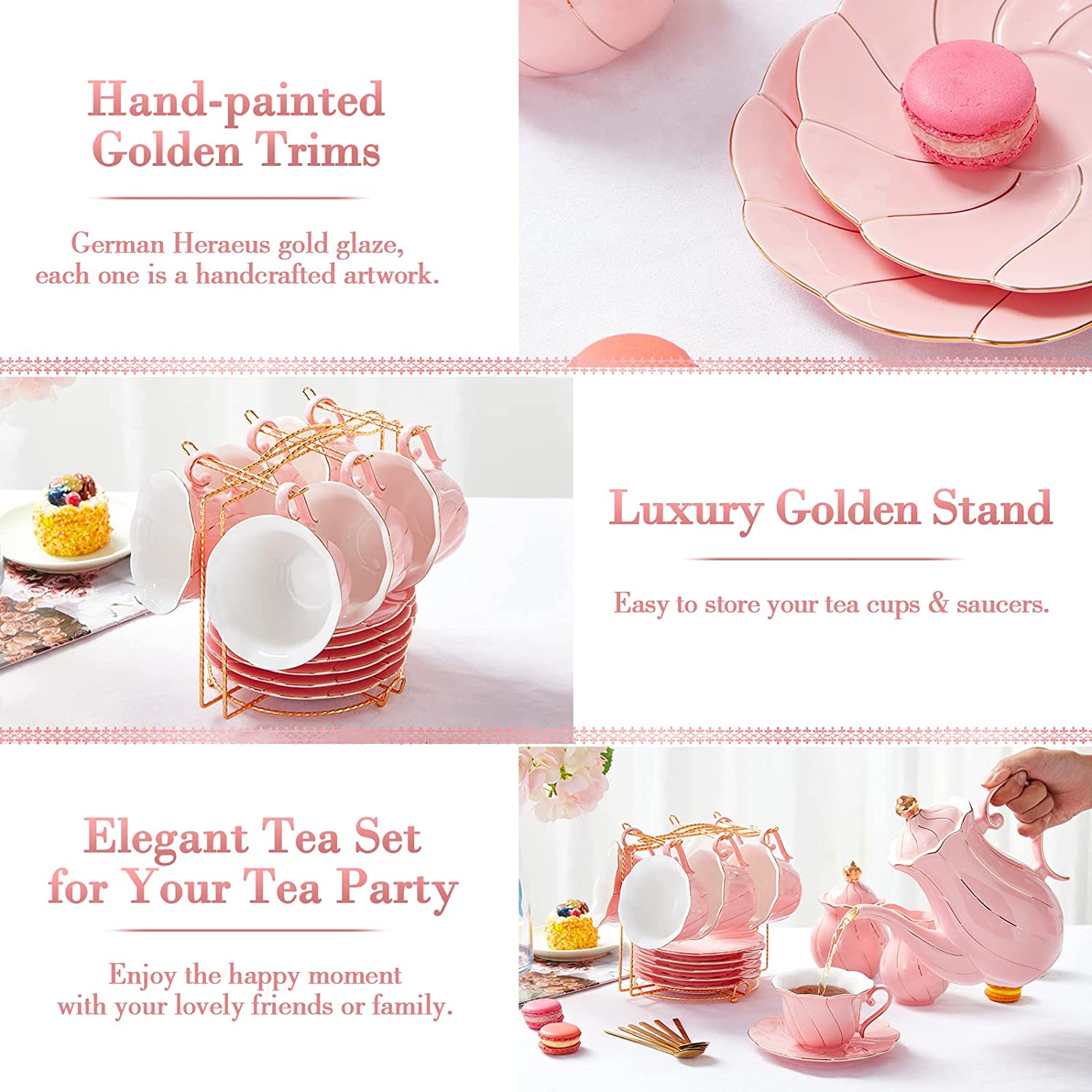 DUJUST 22 pcs Porcelain Tea Set- Pink