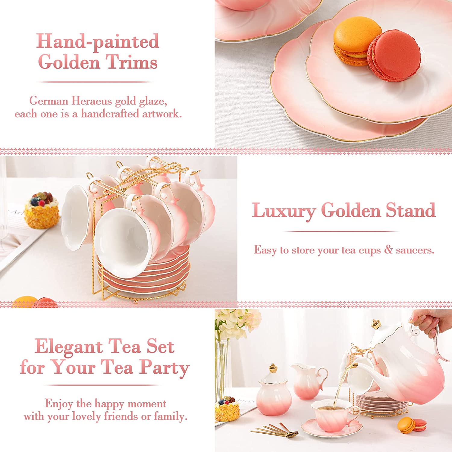DUJUST 22 pcs Porcelain Tea Set - Gradient Pink