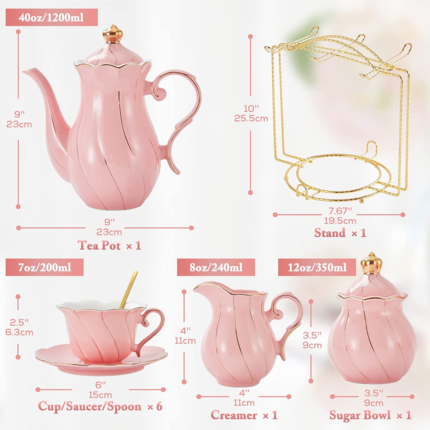 DUJUST 22 pcs Porcelain Tea Set- Pink