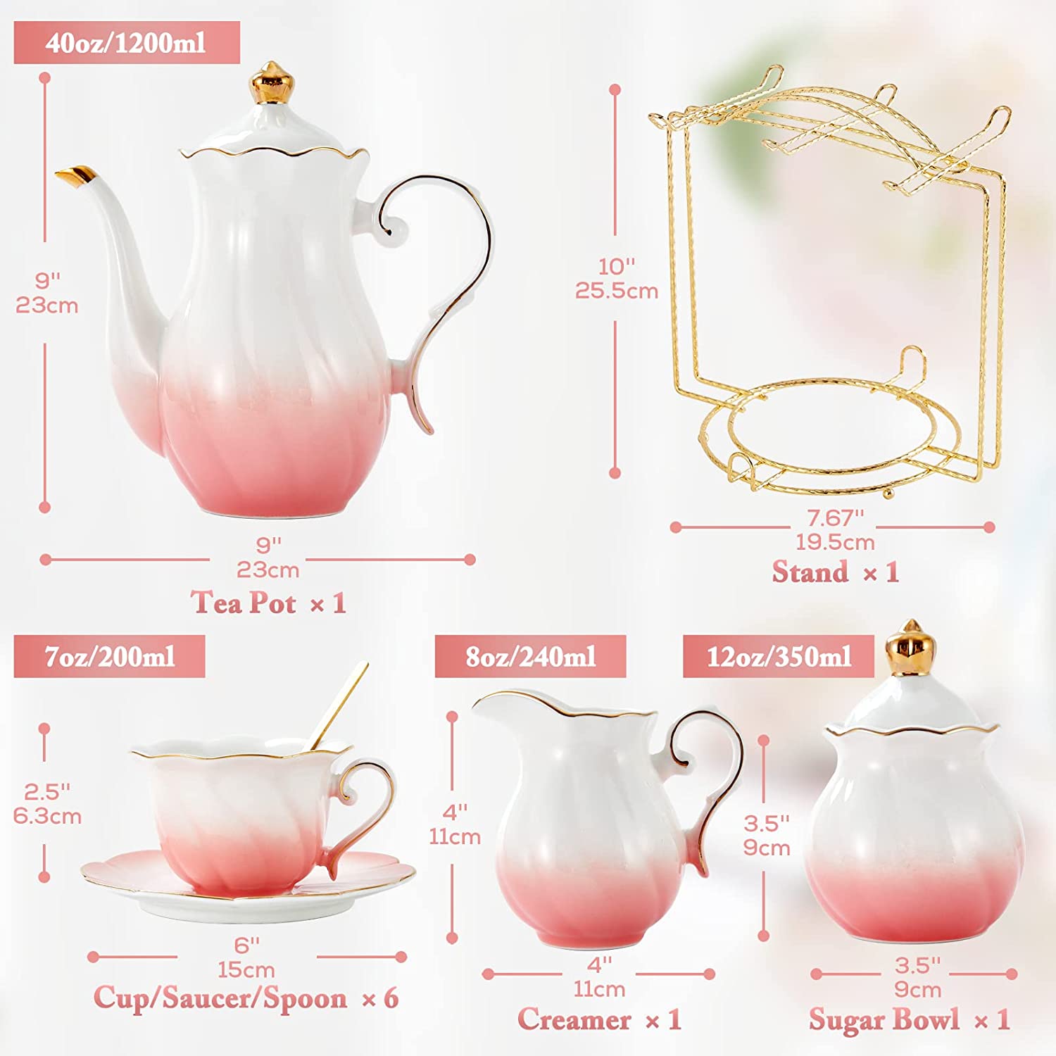 DUJUST 22 pcs Porcelain Tea Set - Gradient Pink