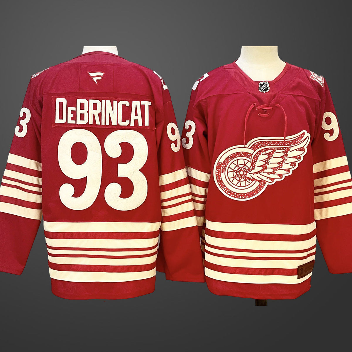 Men’s Detroit Red Wings #93 Alex DeBrincat Red 2025-26 Centennial Premium Stitched Jersey
