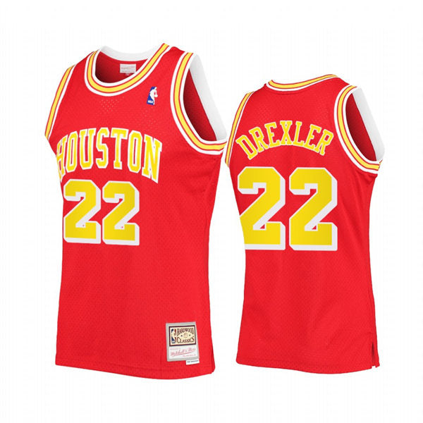 Men Houston Rockets #22 Clyde Drexler Red Gold Mitchell & Ness Hardwood Classics Jersey