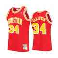 Mens Houston Rockets #34 Hakeem Olajuwon Red Gold Mitchell & Ness Hardwood Classics Jersey