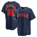 Men’s Japan Baseball #18 Yoshinobu Yamamoto Navy 2026 World Baseball Classic Road Stadium Jersey