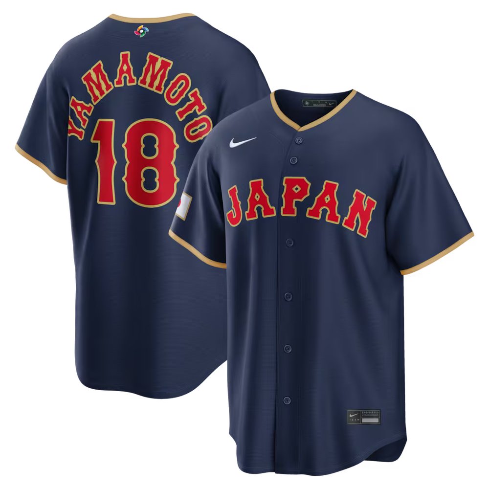Men’s Japan Baseball #18 Yoshinobu Yamamoto Navy 2026 World Baseball Classic Road Stadium Jersey