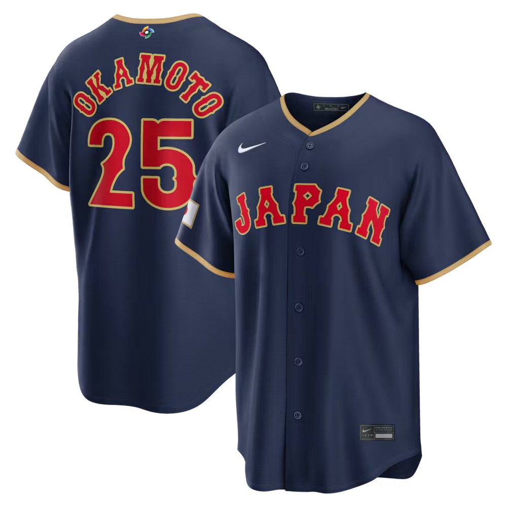 Men’s Japan Baseball #25 Kazuma Okamoto Navy 2026 World Baseball Classic Road Stadium Jersey